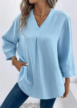 Light Blue V Neck Button Blouse 9 Light Blue V Neck Button Blouse -Rosewe Promotion Store 337585 P 16897663734022