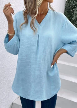 Light Blue V Neck Button Blouse 11 Light Blue V Neck Button Blouse -Rosewe Promotion Store 337585 P 16897663734754