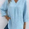 Light Blue V Neck Button Blouse -Rosewe Promotion Store 337585 P 16897663735570
