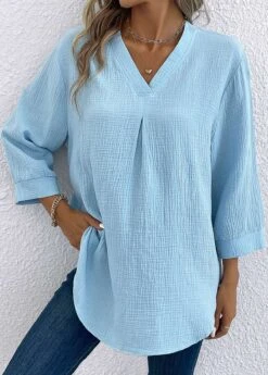 Light Blue V Neck Button Blouse
