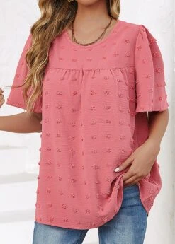Ruched Round Neck Short Sleeve Pink T Shirt -Rosewe Promotion Store 337590 P 16893327000604