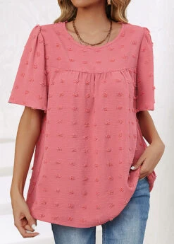 Ruched Round Neck Short Sleeve Pink T Shirt