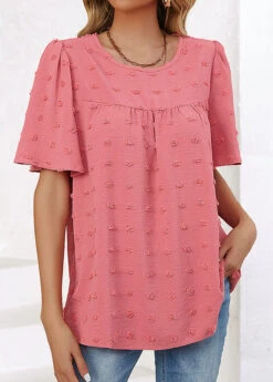 Ruched Round Neck Short Sleeve Pink T Shirt -Rosewe Promotion Store 337590 P 16893327009162