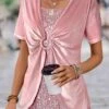 Short Sleeve Sequin Pink V Neck T Shirt 1 Short Sleeve Sequin Pink V Neck T Shirt -Rosewe Promotion Store 337649 P 1689231828098