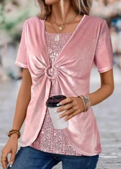 Short Sleeve Sequin Pink V Neck T Shirt