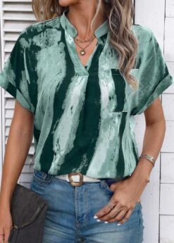 Ink Painting Print Lightweight Turquoise Split Neck Blouse -Rosewe Promotion Store 337668 P 1688535319581