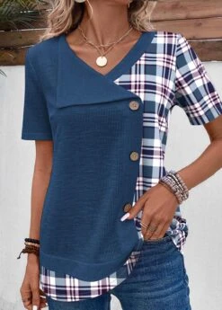 Plus Size Blue Patchwork Plaid T Shirt