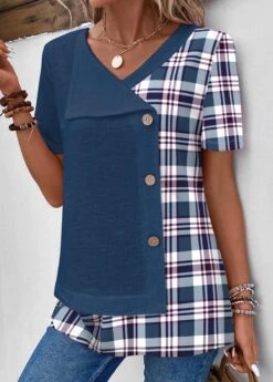 Plus Size Blue Patchwork Plaid T Shirt -Rosewe Promotion Store 337694 P 1688458832768