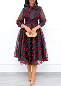 Plus Size Black Bowknot Polka Dot Dress