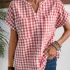 Plaid Pocket Red Split Neck Short Sleeve Blouse 2 Plaid Pocket Red Split Neck Short Sleeve Blouse -Rosewe Promotion Store 337827 P 1688622128290