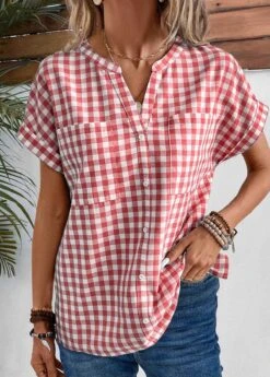 Plaid Pocket Red Split Neck Short Sleeve Blouse