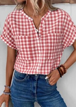 Plaid Pocket Red Split Neck Short Sleeve Blouse -Rosewe Promotion Store 337827 P 1688622129428