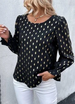 Argyle Print Hot Stamping Black Round Neck Blouse -Rosewe Promotion Store 337830 P 1688625065342