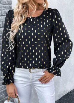 Argyle Print Hot Stamping Black Round Neck Blouse