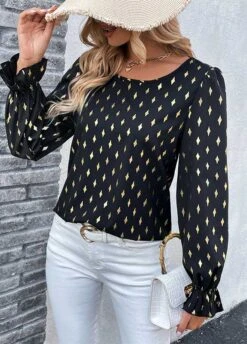 Argyle Print Hot Stamping Black Round Neck Blouse -Rosewe Promotion Store 337830 P 1688625065673