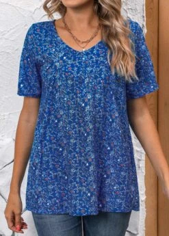 Ditsy Floral Print Ruched Sky Blue Blouse -Rosewe Promotion Store 337833 P 16890741544964