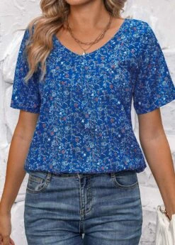 Ditsy Floral Print Ruched Sky Blue Blouse -Rosewe Promotion Store 337833 P 16890741547433
