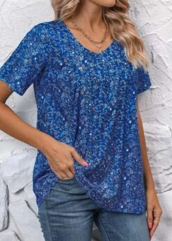 Ditsy Floral Print Ruched Sky Blue Blouse -Rosewe Promotion Store 337833 P 16890741547832