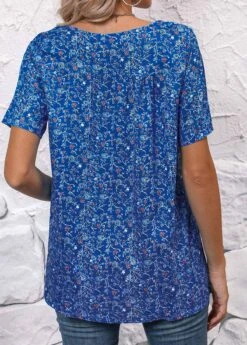 Ditsy Floral Print Ruched Sky Blue Blouse -Rosewe Promotion Store 337833 P 16890741548111