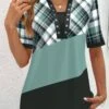 Plaid Eyelet Sage Green Split Neck Blouse -Rosewe Promotion Store 337838 P 1689933245843