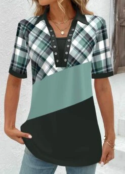 Plaid Eyelet Sage Green Split Neck Blouse -Rosewe Promotion Store 337838 P 1689933246012