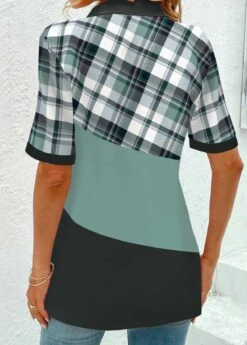 Plaid Eyelet Sage Green Split Neck Blouse -Rosewe Promotion Store 337838 P 1689933246718