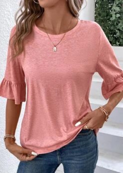 Button Round Neck Pink T Shirt -Rosewe Promotion Store 337922 P 16896772390532