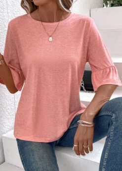 Button Round Neck Pink T Shirt -Rosewe Promotion Store 337922 P 16896772392174