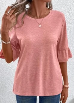 Button Round Neck Pink T Shirt -Rosewe Promotion Store 337922 P 16896772394975