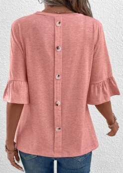 Button Round Neck Pink T Shirt