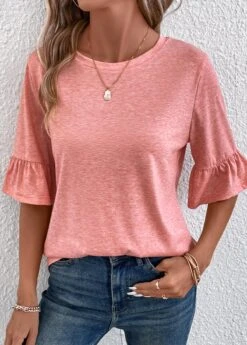 Button Round Neck Pink T Shirt -Rosewe Promotion Store 337922 P 16896772399803