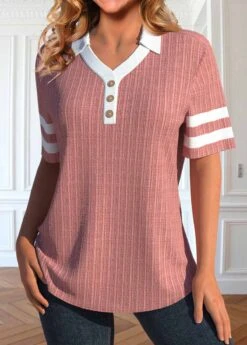 Button Polo Collar Short Sleeve Coral T Shirt -Rosewe Promotion Store 337927 P 1688700337675