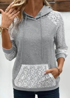 Lace Grey Long Sleeve Patchwork Hoodie -Rosewe Promotion Store 338002 P 16911500943523
