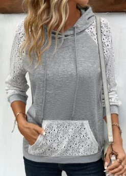 Lace Grey Long Sleeve Patchwork Hoodie