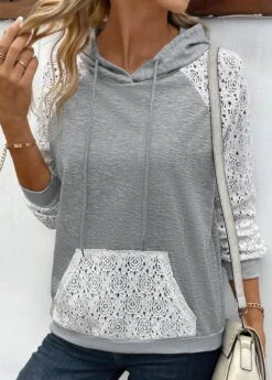 Lace Grey Long Sleeve Patchwork Hoodie -Rosewe Promotion Store 338002 P 16911500948634