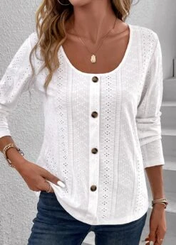 Button Hollow White Scoop Neck Long Sleeve T Shirt -Rosewe Promotion Store 338014 P 16898486820275