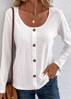 Button Hollow White Scoop Neck Long Sleeve T Shirt -Rosewe Promotion Store 338014 P 16898486820644