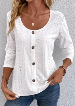 Button Hollow White Scoop Neck Long Sleeve T Shirt -Rosewe Promotion Store 338014 P 16898486821073