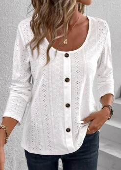 Button Hollow White Scoop Neck Long Sleeve T Shirt