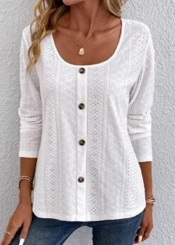 Button Hollow White Scoop Neck Long Sleeve T Shirt -Rosewe Promotion Store 338014 P 16898486822242