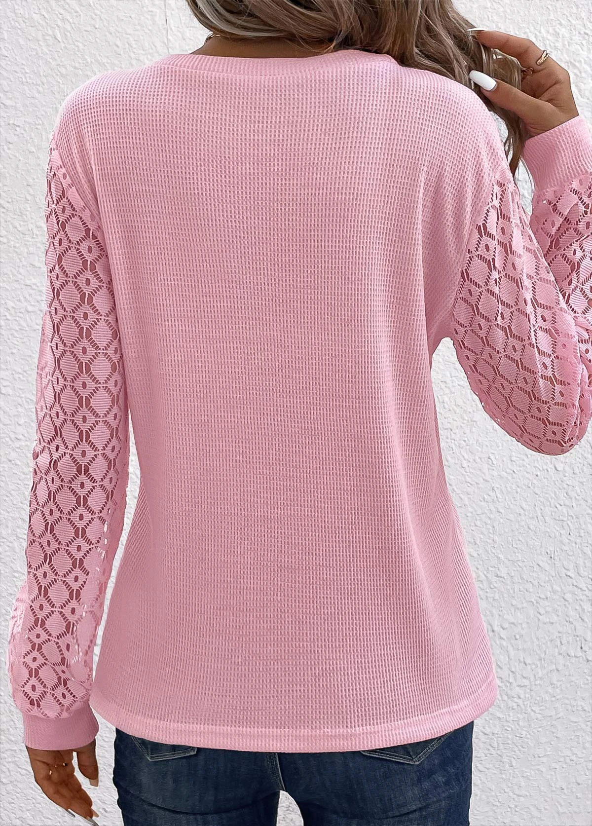 Lace Round Neck Long Sleeve Pink T Shirt 4 Lace Round Neck Long Sleeve Pink T Shirt - Image 2