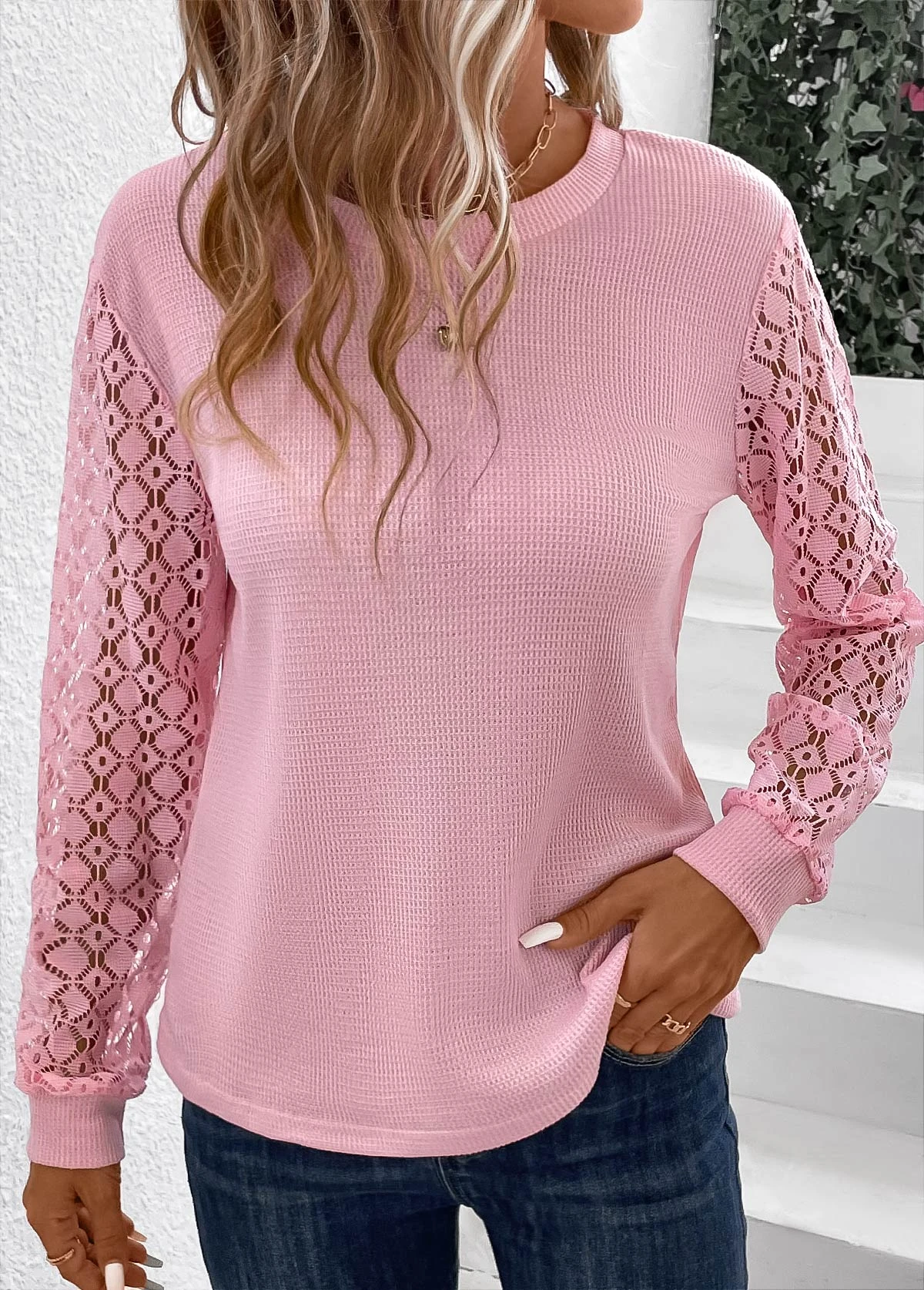 Lace Round Neck Long Sleeve Pink T Shirt 3 Lace Round Neck Long Sleeve Pink T Shirt