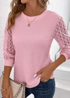 Lace Round Neck Long Sleeve Pink T Shirt 11 Lace Round Neck Long Sleeve Pink T Shirt -Rosewe Promotion Store 338022 P 16896772295843