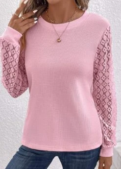 Lace Round Neck Long Sleeve Pink T Shirt 10 Lace Round Neck Long Sleeve Pink T Shirt -Rosewe Promotion Store 338022 P 16896772296112