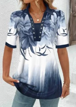 Floral Print Eyelet Navy Short Sleeve T Shirt -Rosewe Promotion Store 338108 P 1689076859457