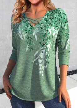 Plants Print Criss Cross Green T Shirt 7 Plants Print Criss Cross Green T Shirt -Rosewe Promotion Store 338110 P 1689062336115