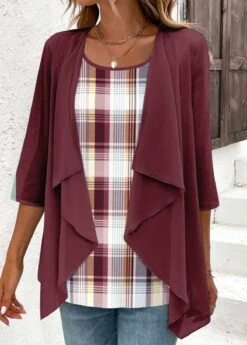 Plaid Fake 2in1 Deep Red Scoop Neck Blouse -Rosewe Promotion Store 338115 P 1689064029718