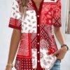 Plus Size Red Patchwork Short Sleeve Blouse -Rosewe Promotion Store 338116 P 1689064042933