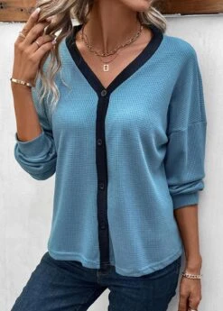 Long Sleeve Button Dusty Blue V Neck Blouse -Rosewe Promotion Store 338184 P 16908782093023