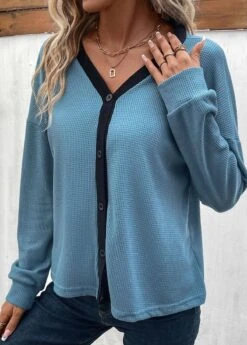 Long Sleeve Button Dusty Blue V Neck Blouse -Rosewe Promotion Store 338184 P 16908782093275